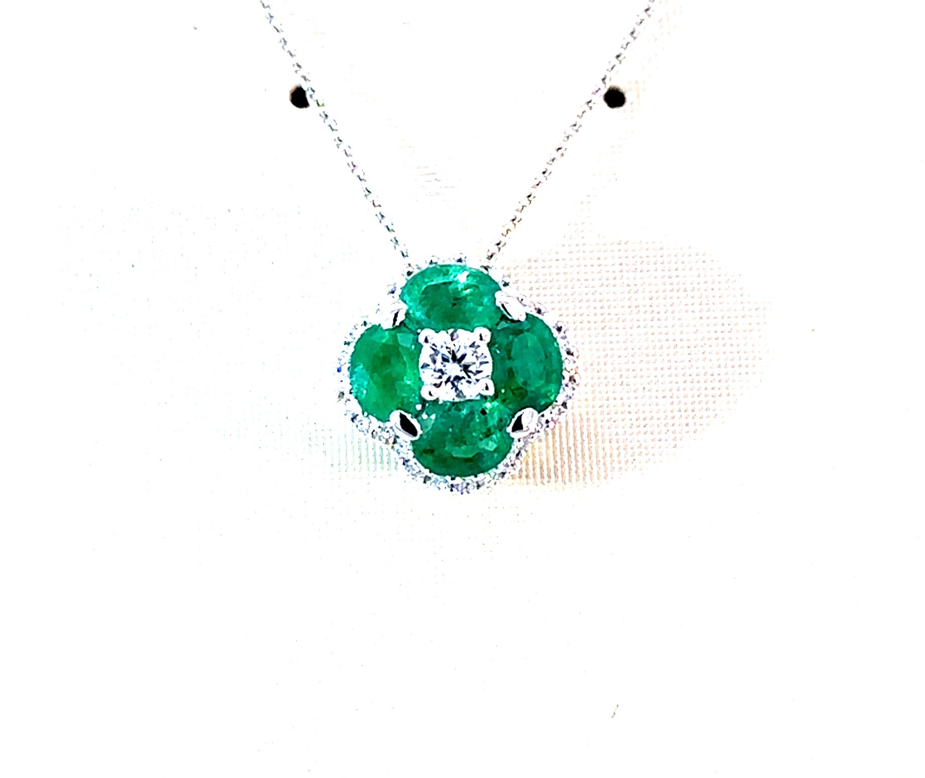 14K White Gold, Natural Emerald and Diamond Necklace