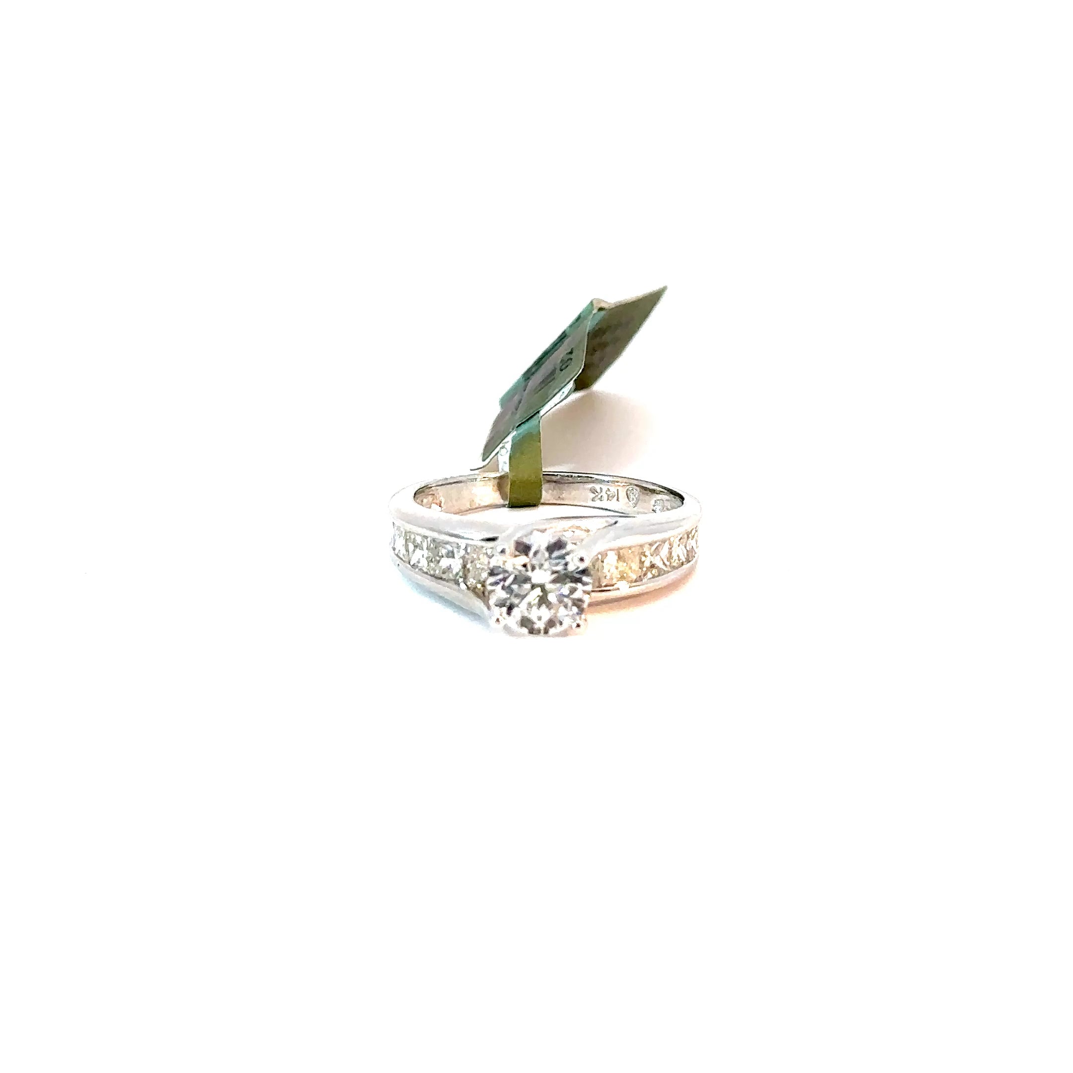 14K, White Gold, Lab Round White Diamond and Natural Prince Cut Band Diamonds Estate Ring