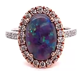 14k White & Rose Gold, Semi Black Opal and Diamond Custom Ring