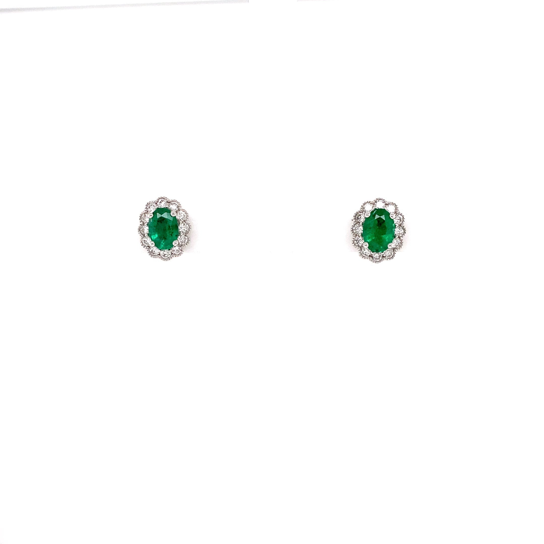 18K White Gold Natural Emerald and Diamond Post Earrings