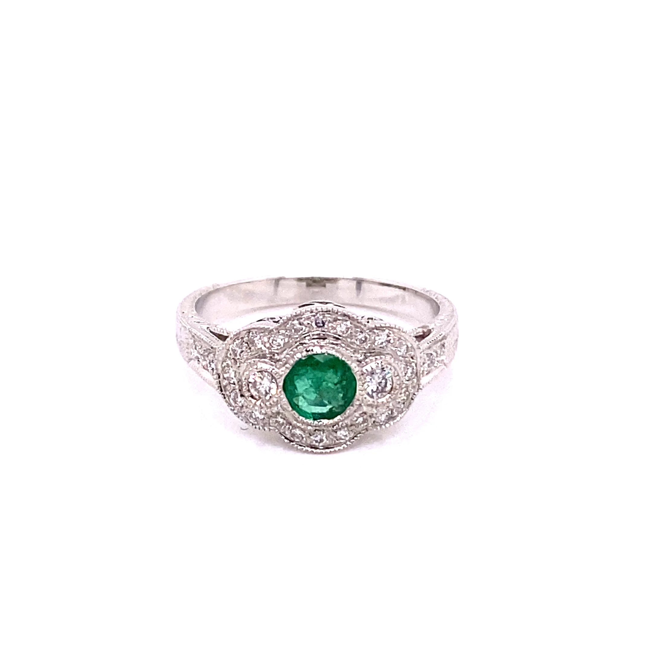 18KW Round Emerald & Diamond Fashion Ring