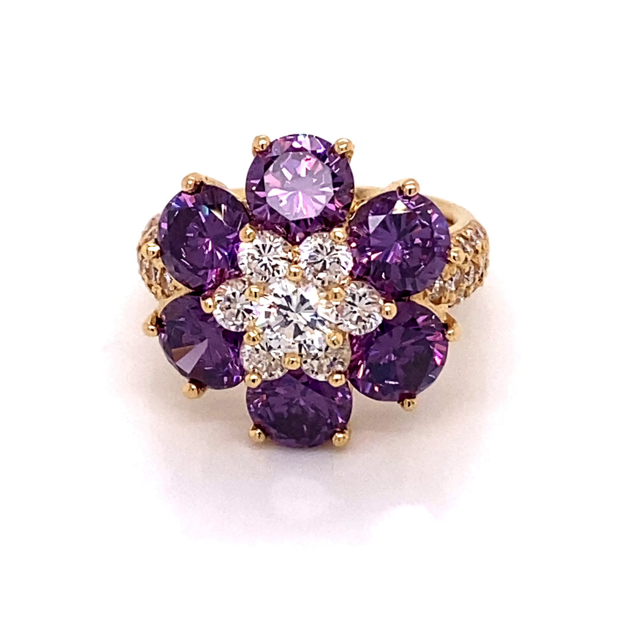 18KY Custom Estate Purple Amethyst And Cubic Zirconia Flower Ring