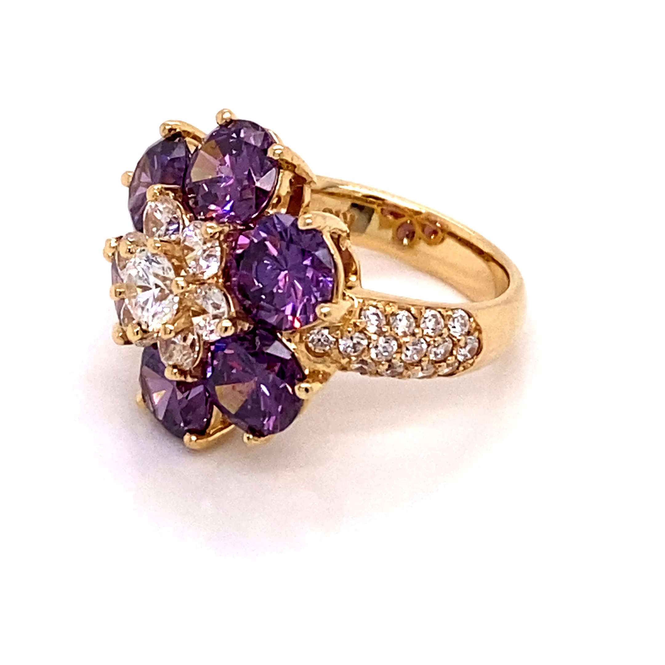 18KY Custom Estate Purple Amethyst And Cubic Zirconia Flower Ring