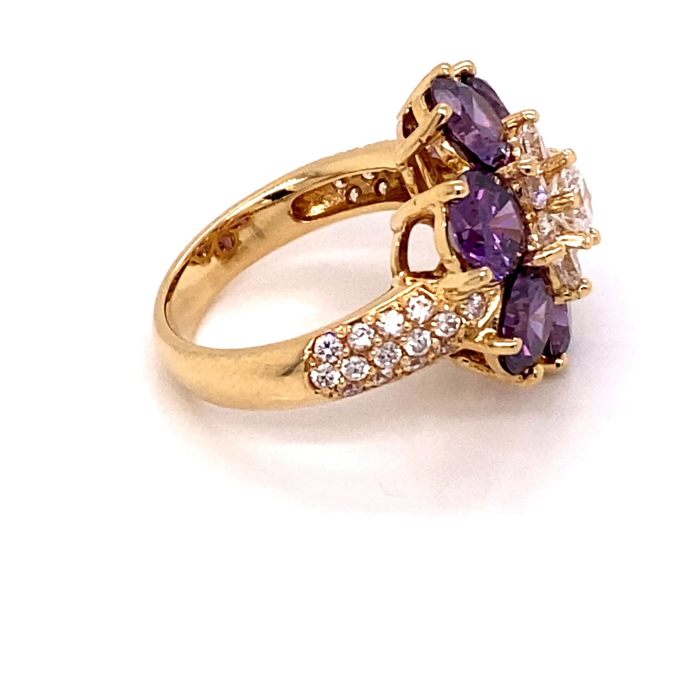 18KY Custom Estate Purple Amethyst And Cubic Zirconia Flower Ring