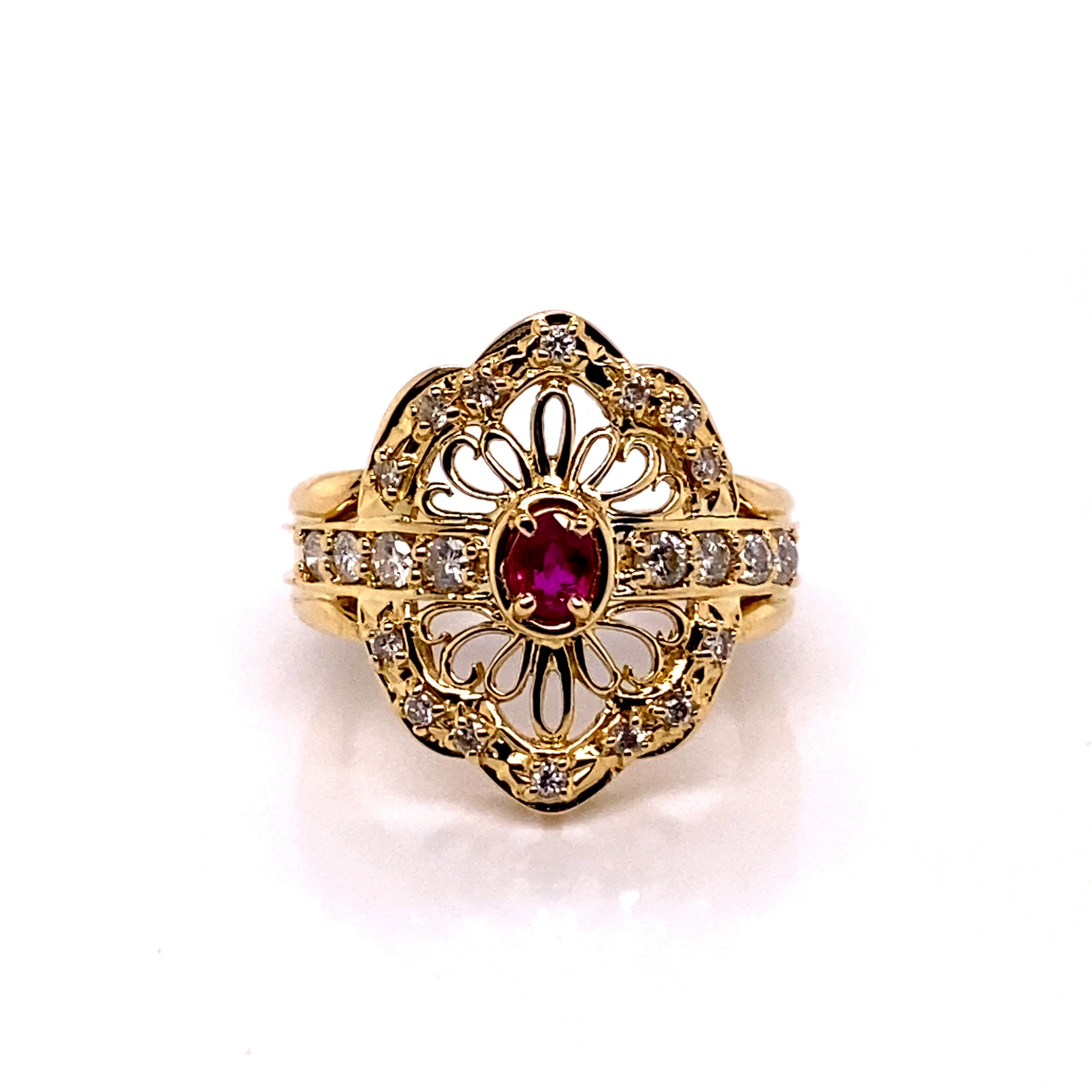 18KY Custom Estate Oval Red Ruby & Diamonds Fashion Ring