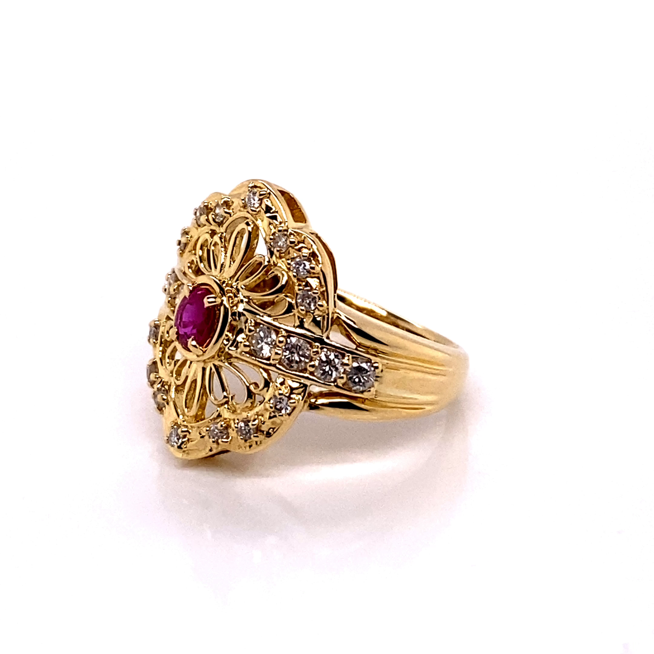 18KY Custom Estate Oval Red Ruby & Diamonds Fashion Ring