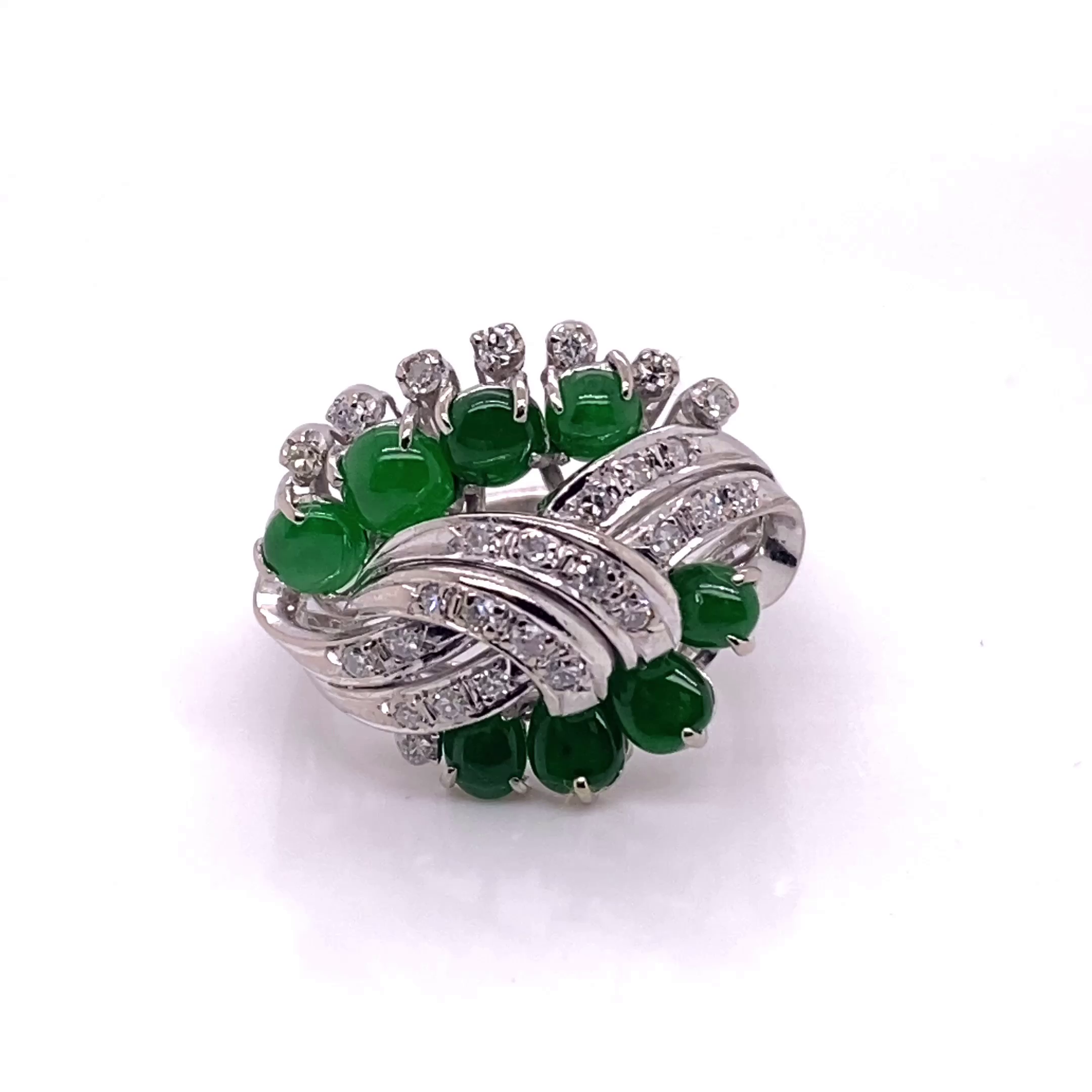 14KW Custom Estate Green Imperial Jade And Diamond Fashion Ring