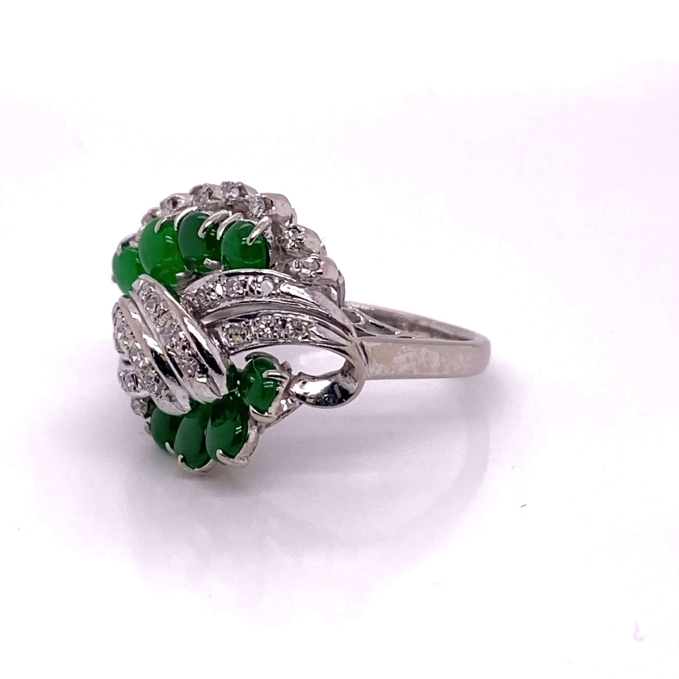 14KW Custom Estate Green Imperial Jade And Diamond Fashion Ring