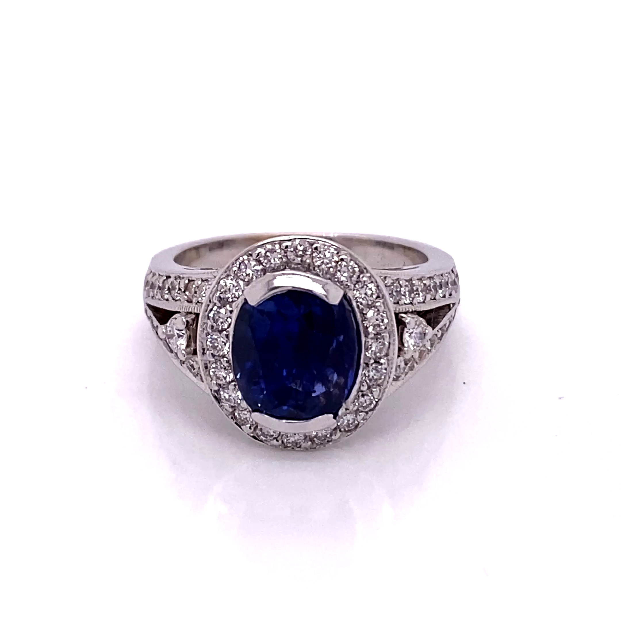 18KW Custom Natural Oval Blue Sapphire & Diamond Fashion Ring