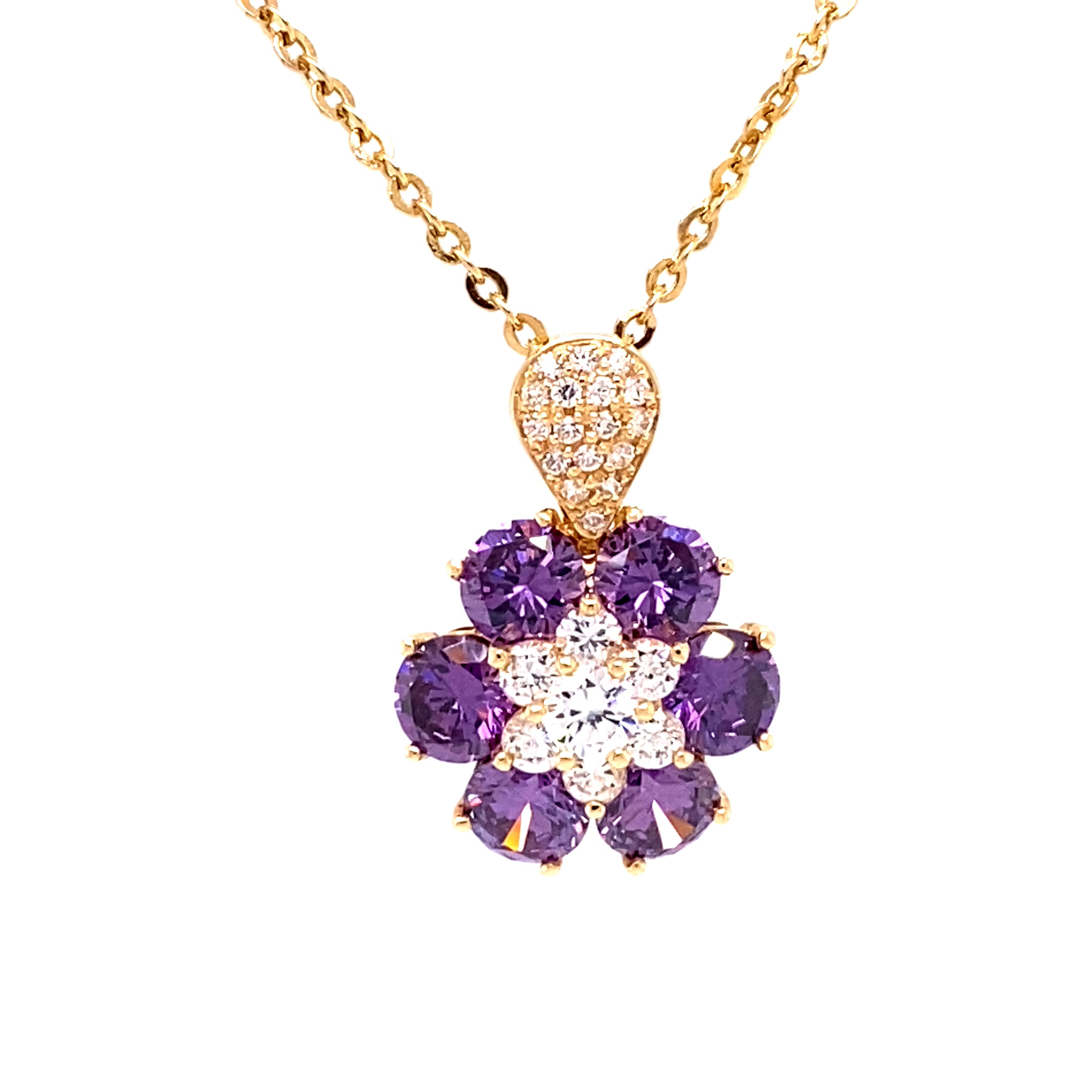 18KY Custom Estate Purple Amethyst And Cubic Zirconia Flower Pendant