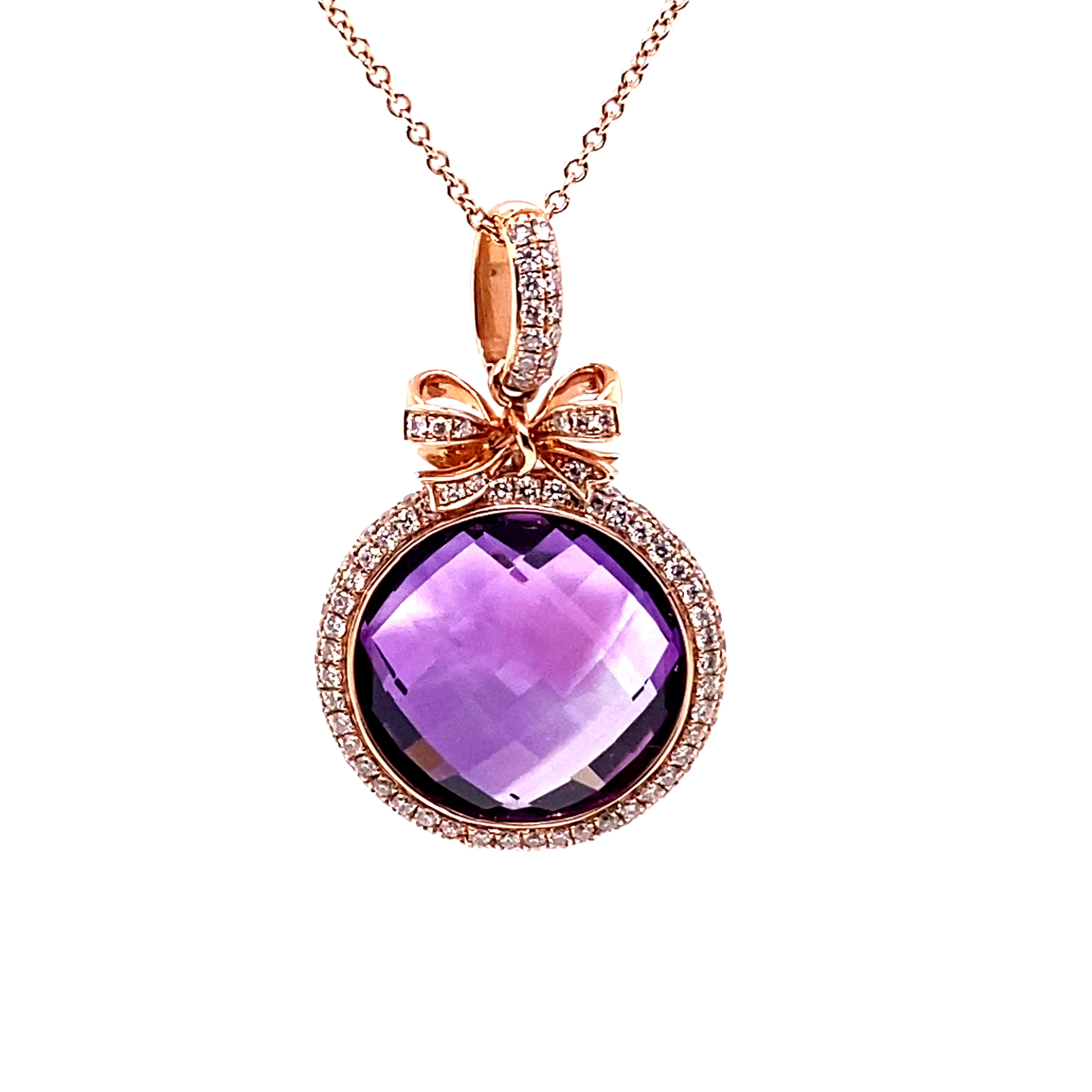 14KR Custom Fantasy Cut Amethyst And Diamond Bow Fashion Pendant