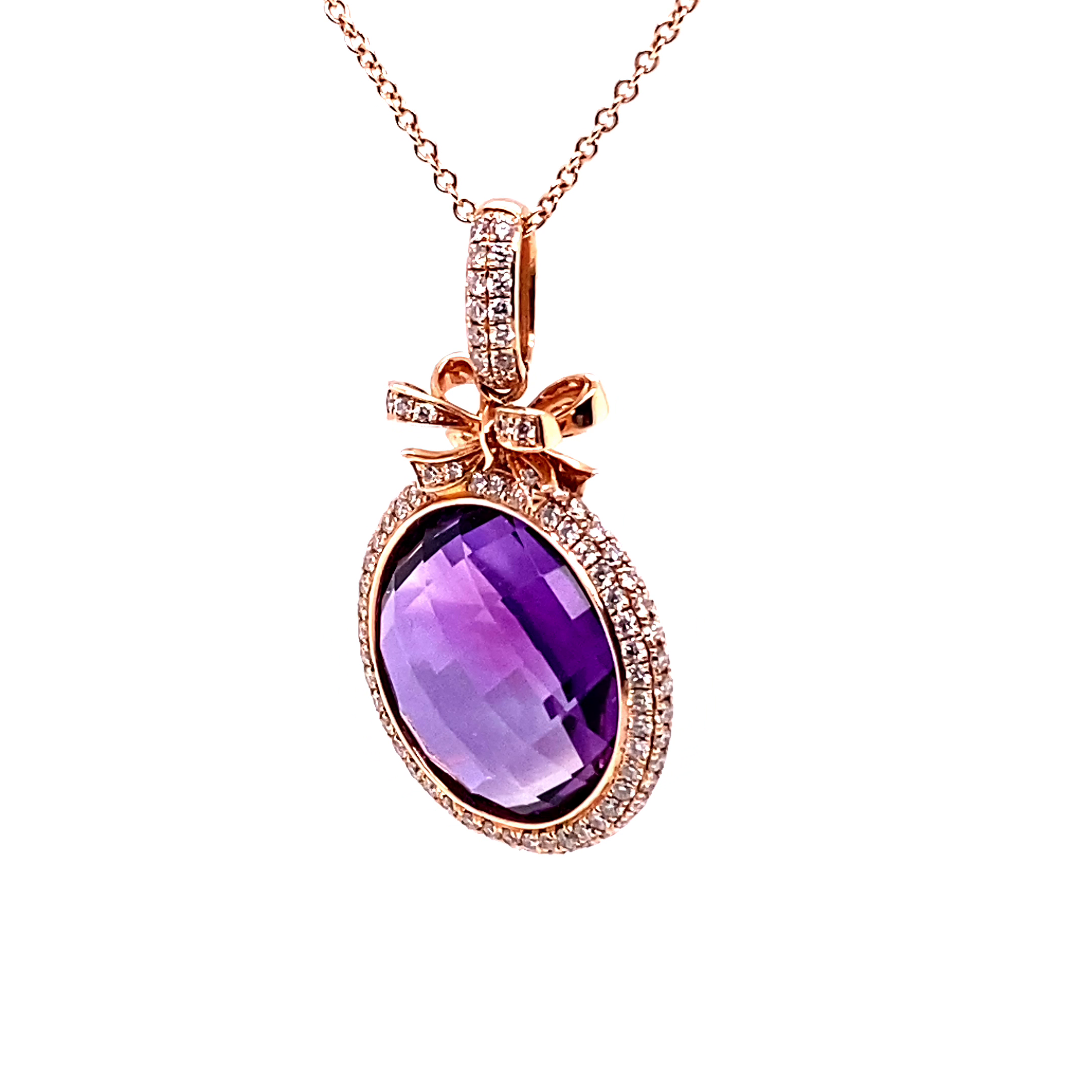 14KR Custom Fantasy Cut Amethyst And Diamond Bow Fashion Pendant