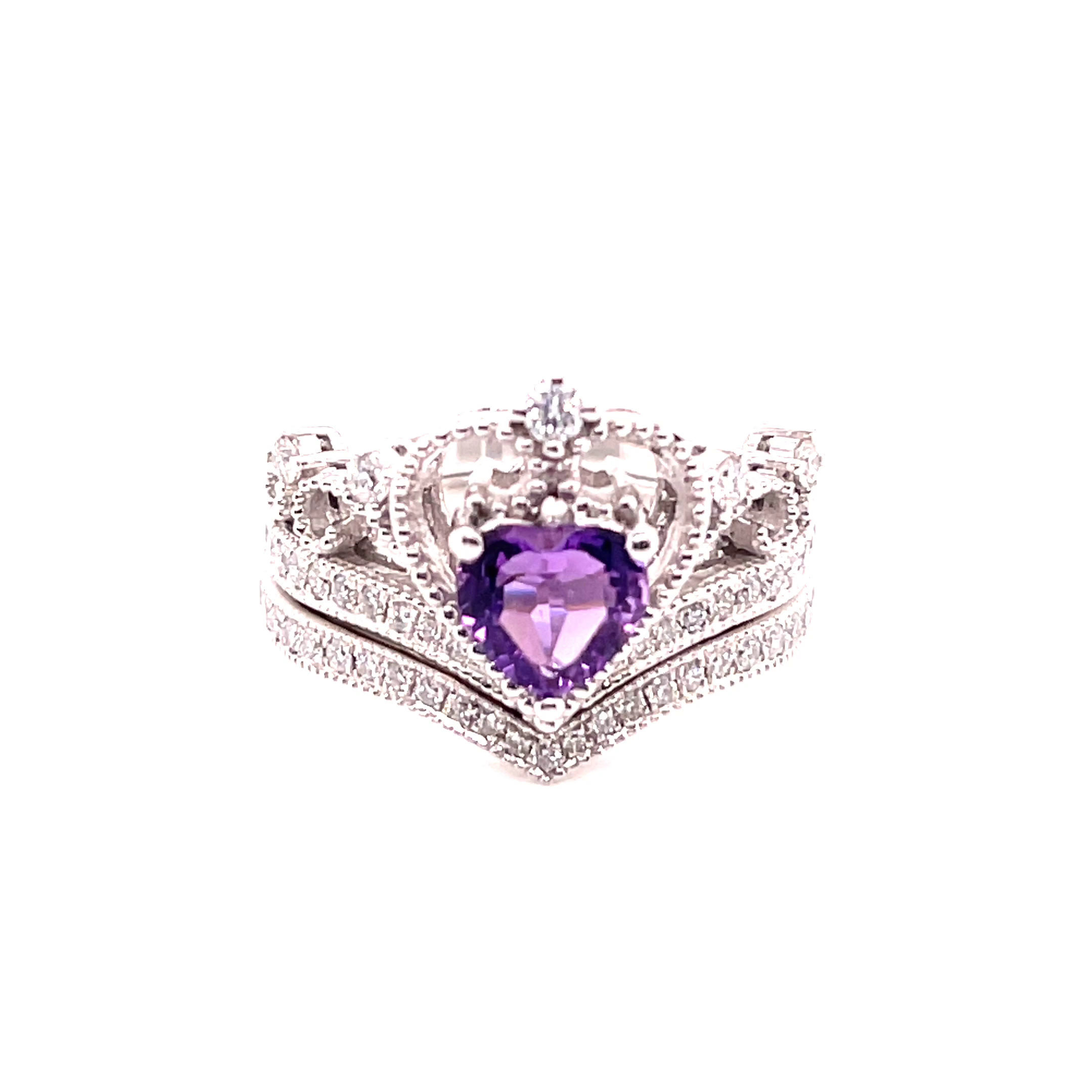 14KW Heart Cut Amethyst And Diamond Crown Fashion Ring & Matching Band
