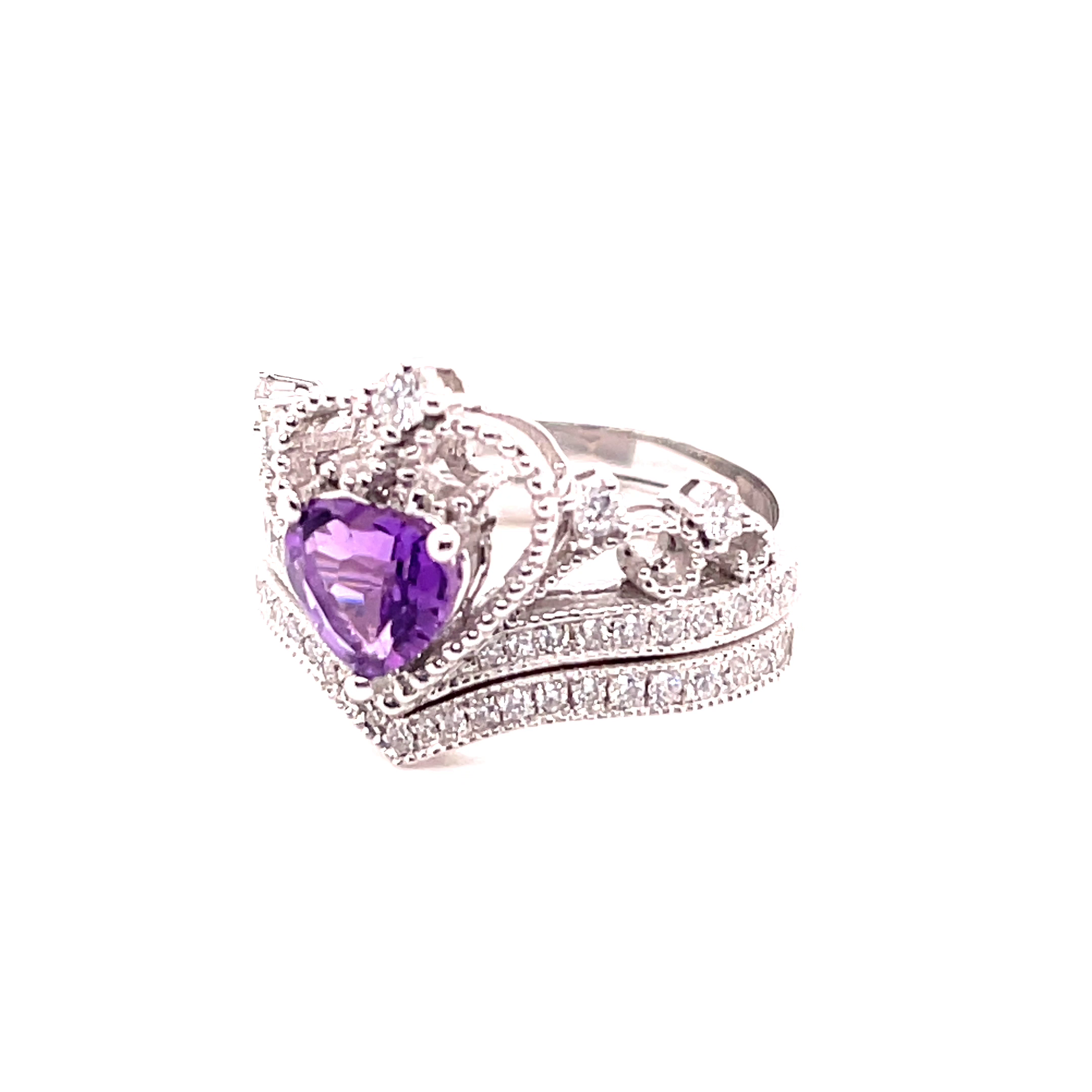 14KW Heart Cut Amethyst And Diamond Crown Fashion Ring & Matching Band