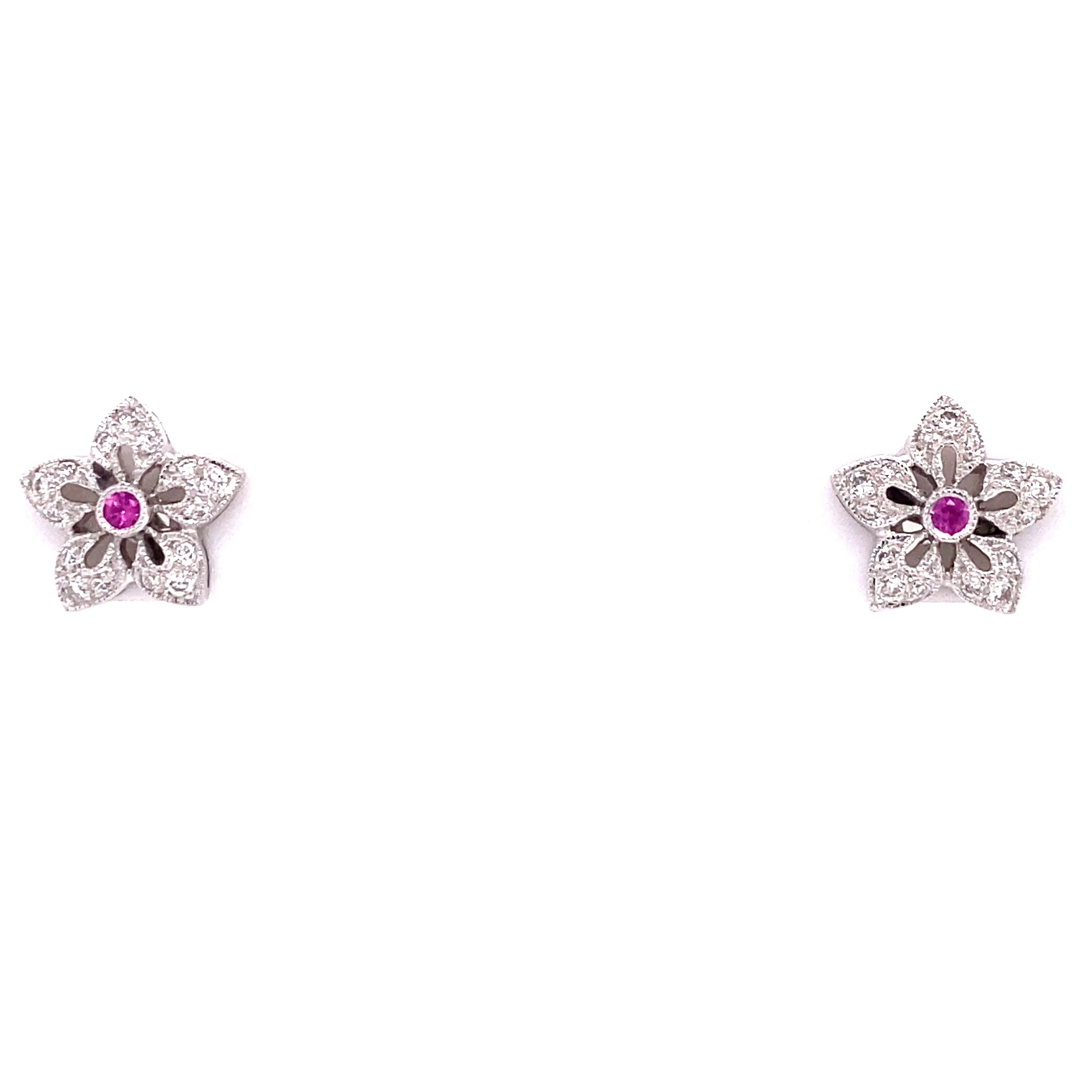 18KW Ruby & Diamonds Floral Fashion Earrings