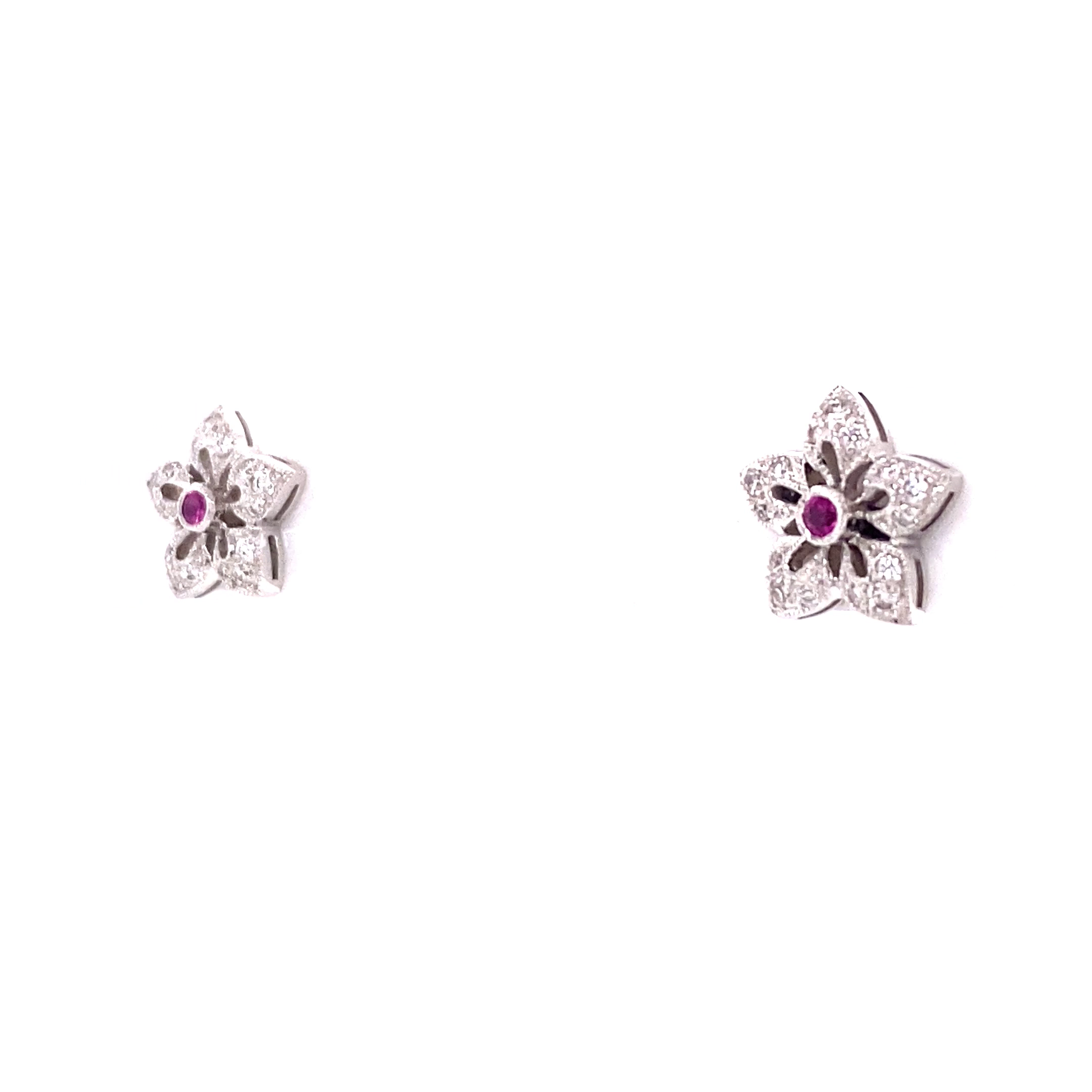 18KW Ruby & Diamonds Floral Fashion Earrings