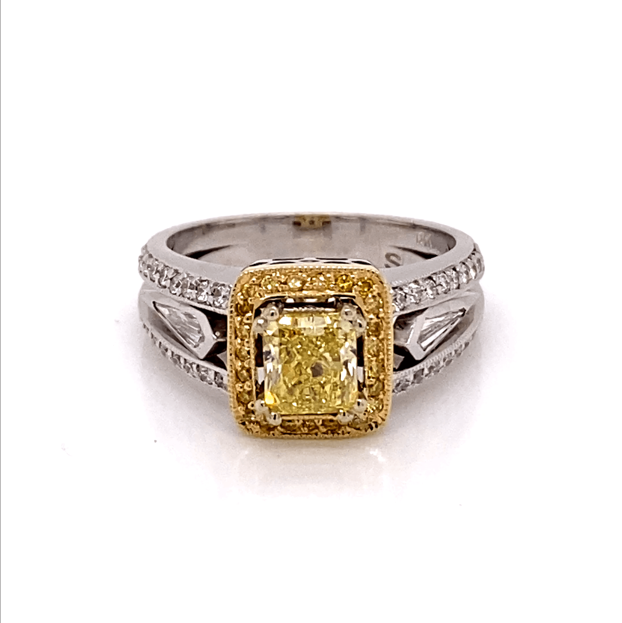 White Gold Ring With Yellow And White Diamonds And Fancy Yellow Radiant Cut Center Stone