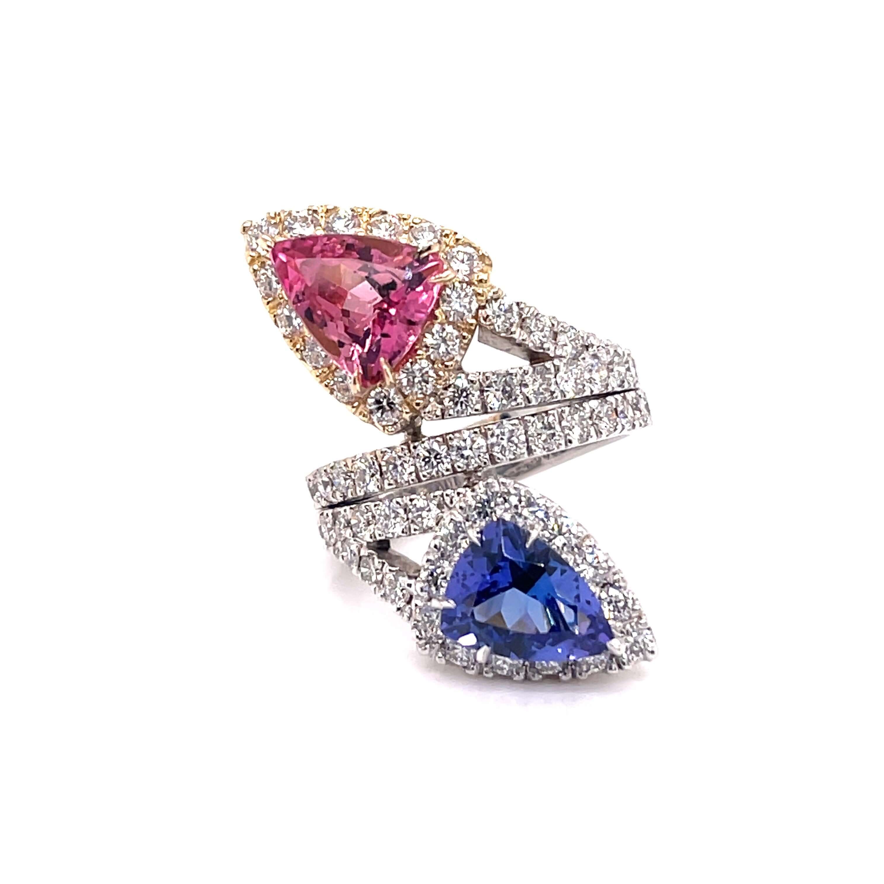 White Gold Ring With trillion Cut Pink Tourmaline and Purple/Blue Tanzanite With Dimond Halos And Diamonds Wrapped Bands With Side And Under Snake patterns