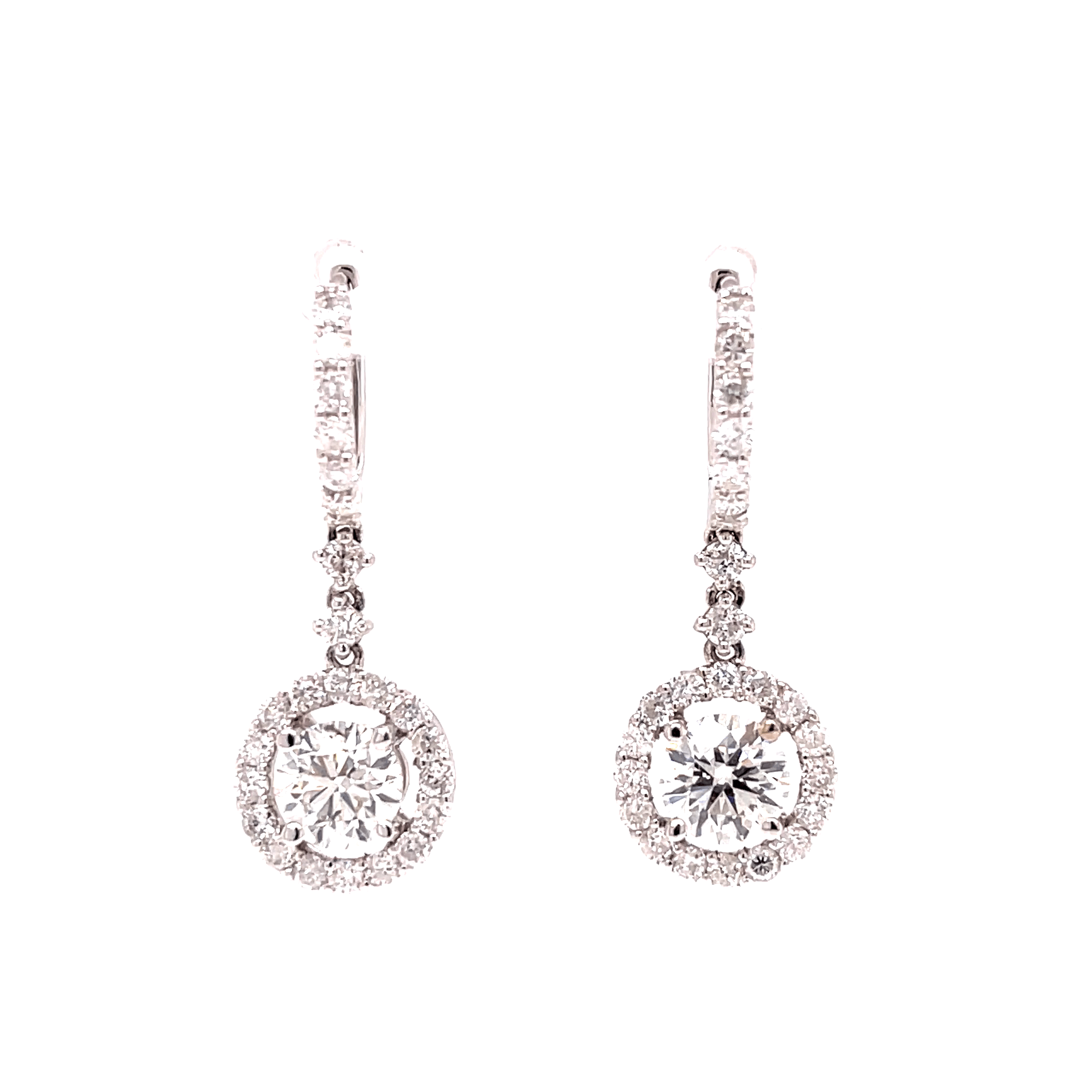 White Gold Diamond Dangle Fashion Earrings with Clip Back style clasp and Halo Dangle With Large Center Diamonds.