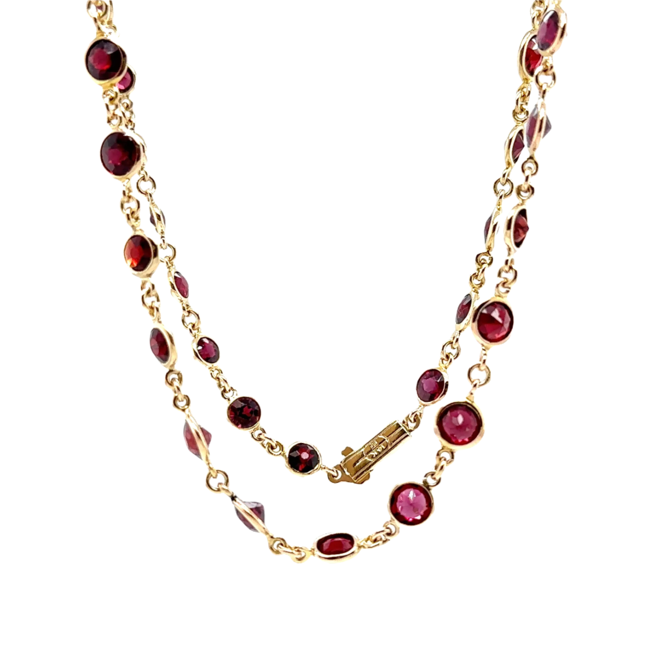 14KY Bezel Set Red Garnet & Link Style Fashion Necklace