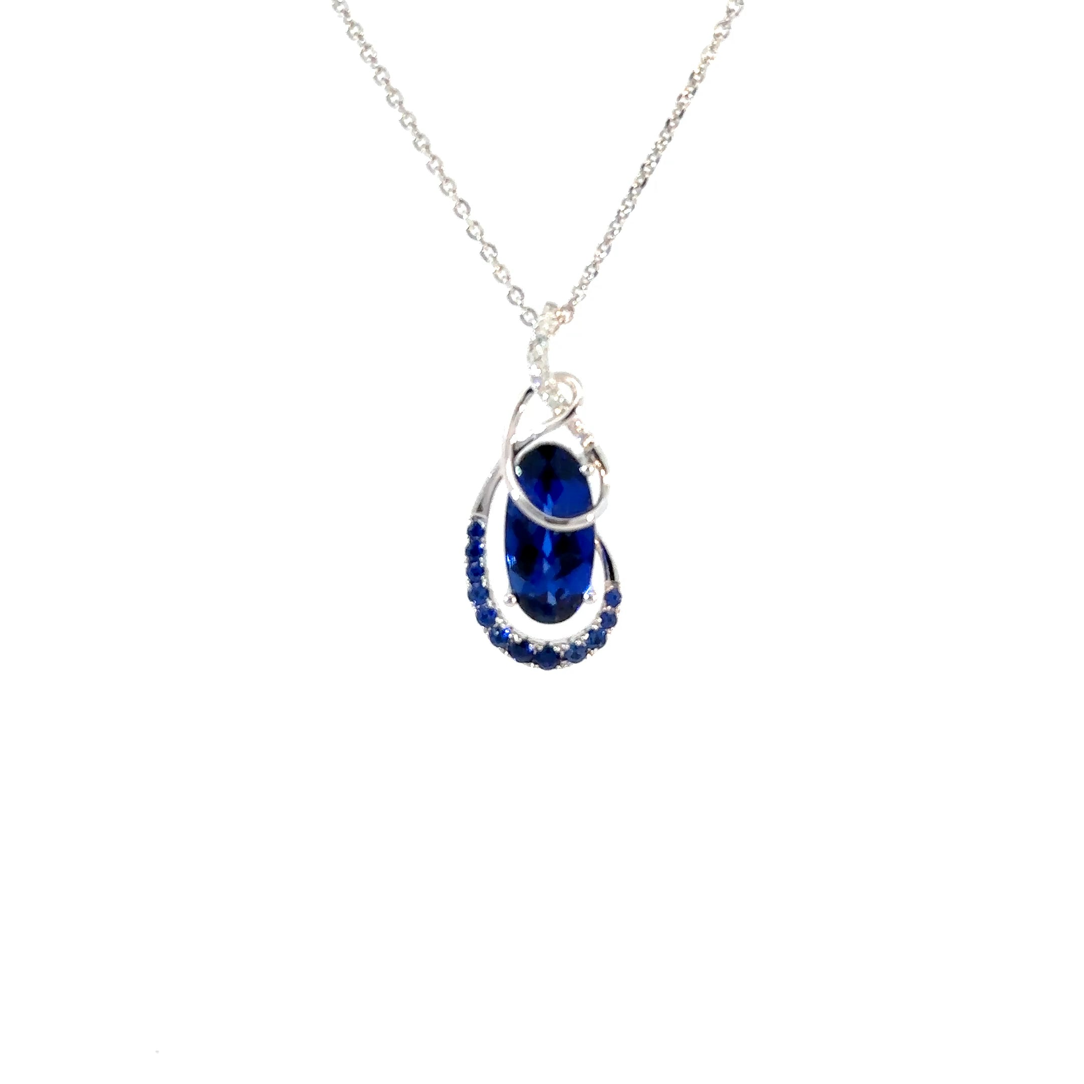 14KW Lab Blue Sapphire and Diamond Fashion Pendant