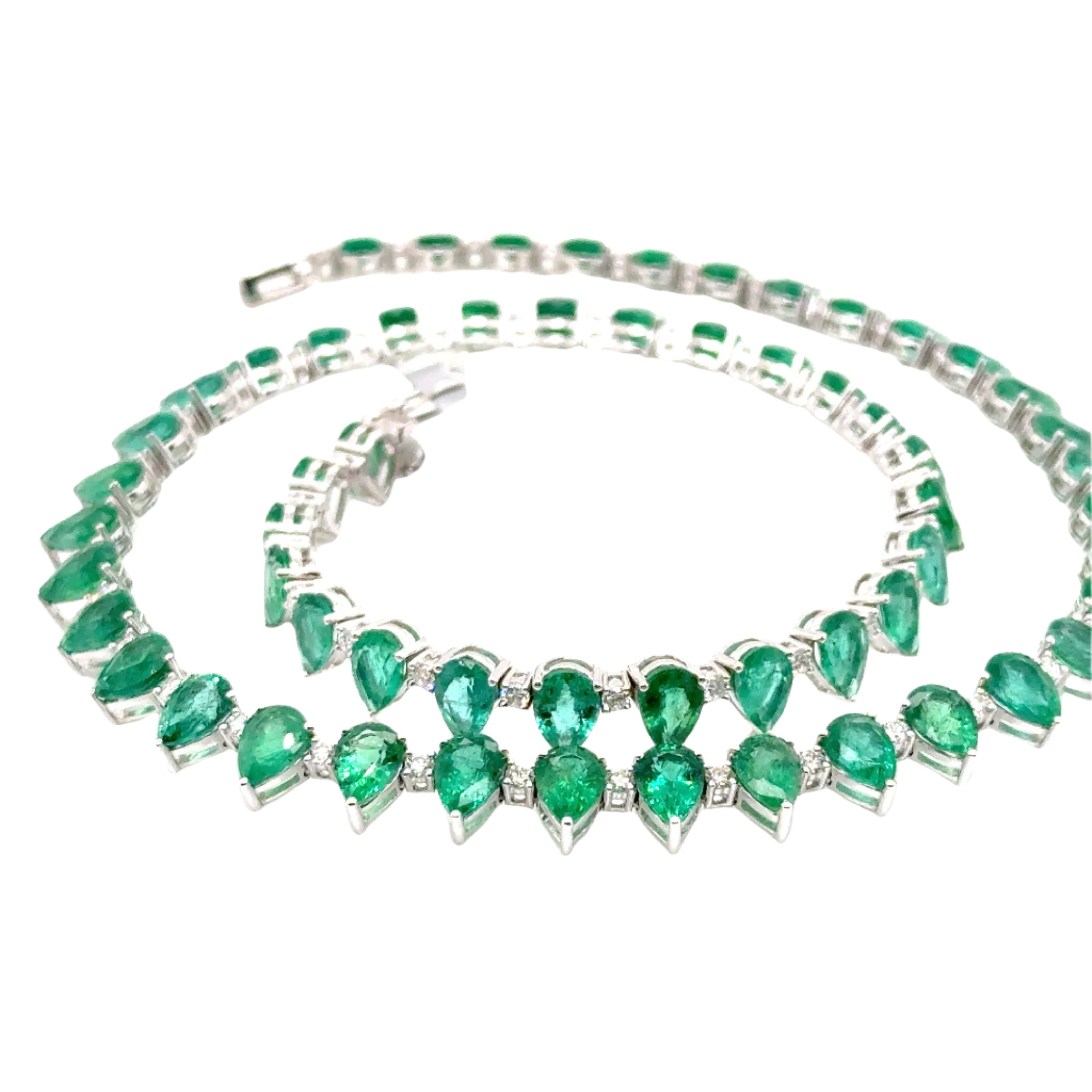 18KW Custom Pear Shaped Emerald & Diamond Fashion Necklace