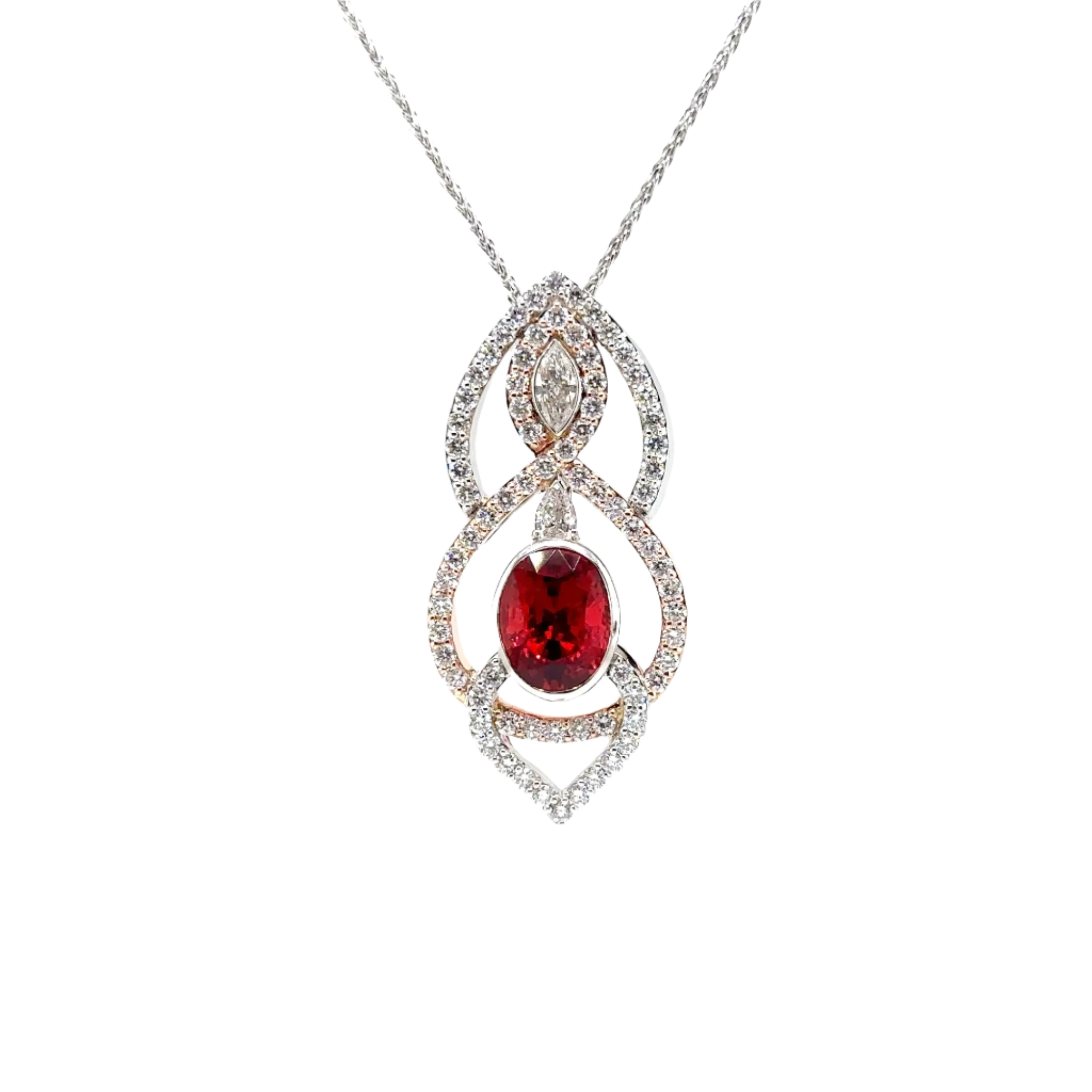 14K T/T Custom Red Spinel & Diamond Art Deco Style Fashion Pendant