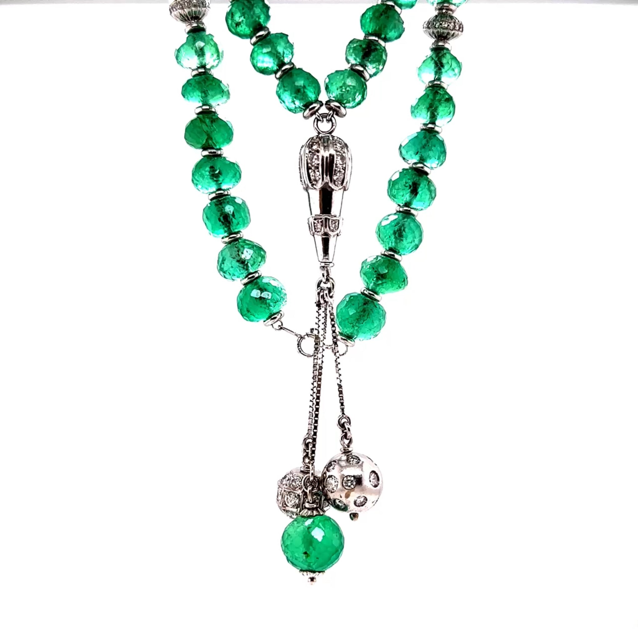 Platinum/18KW Faceted Emeralds & Round Diamonds Custom Fashion Necklace