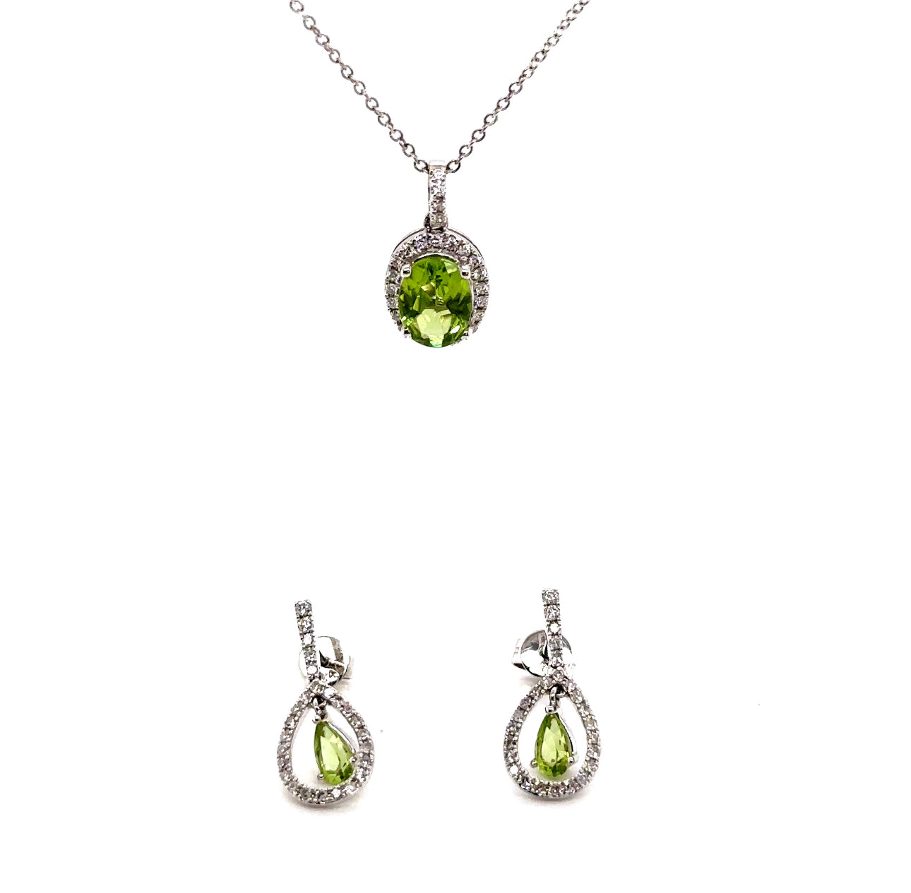 14KW Peridot & Diamond Fashion Earrings & Pendant Set