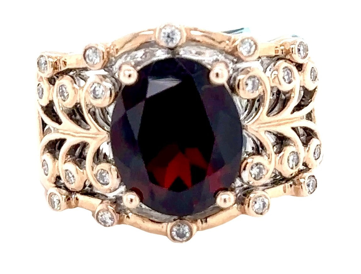 14K T/T Oval Red Garnet & Diamond Fashion Ring