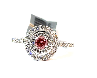 14K White Gold, Pink Lab Diamond with Natural Accent Diamonds Ring