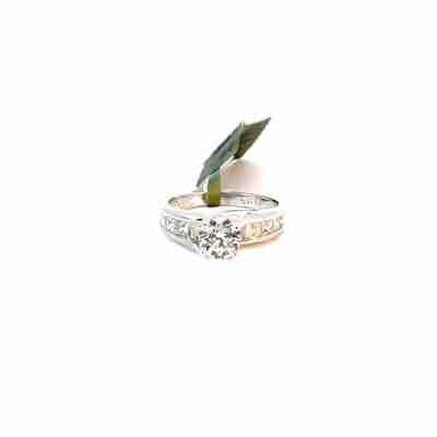 14K, White Gold, Lab Round White Diamond and Natural Prince Cut Band  Diamonds Estate Ring