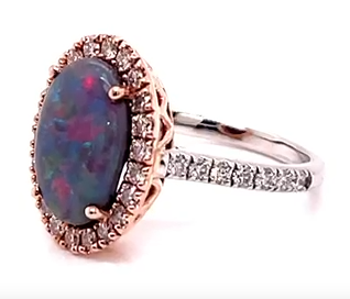 14k White & Rose Gold, Semi Black Opal and Diamond Custom Ring