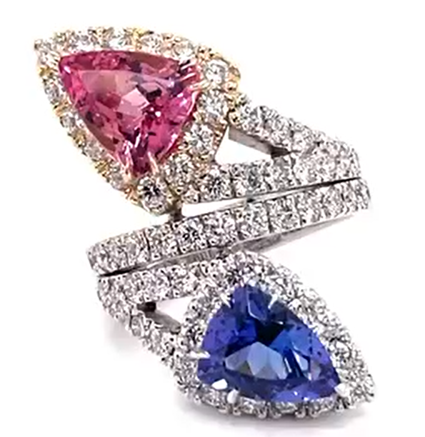 14K T/T Tourmaline, Tanzanite and Diamond Custom Bypass Ring