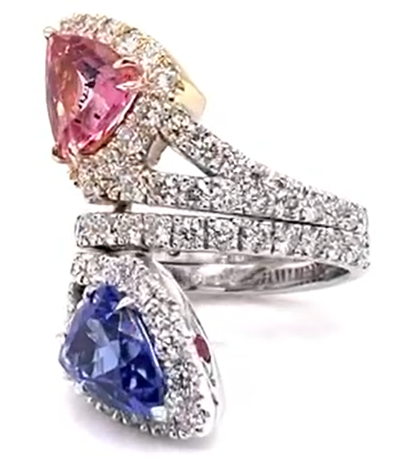 14K T/T Tourmaline, Tanzanite and Diamond Custom Bypass Ring