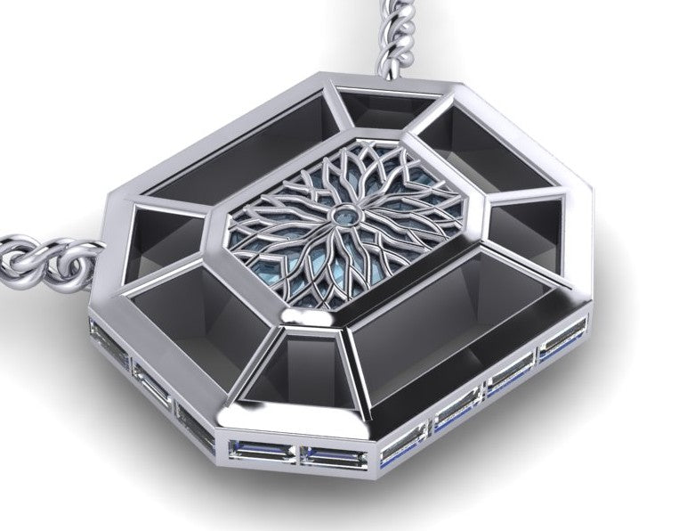 14KW Custom LG Blue/Green Radiant Cut Diamond Pendant