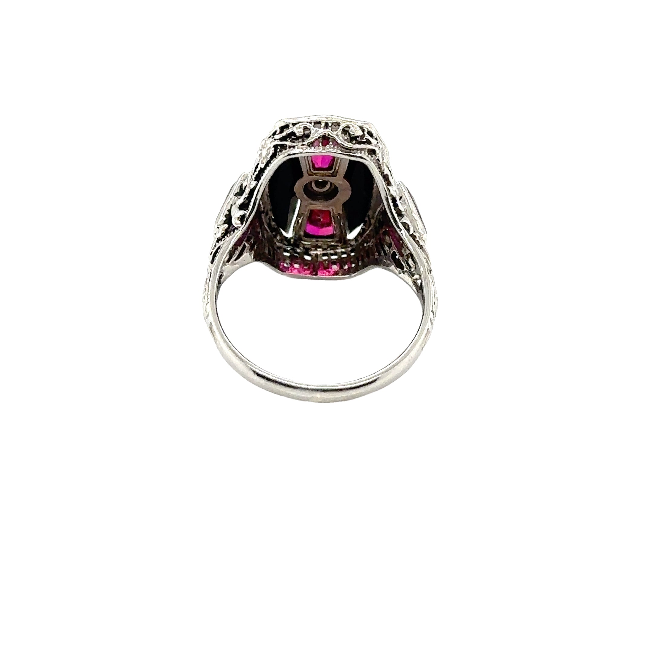 14KW Custom Estate Onyx, Diamond & Lab Rubies Fashion Ring