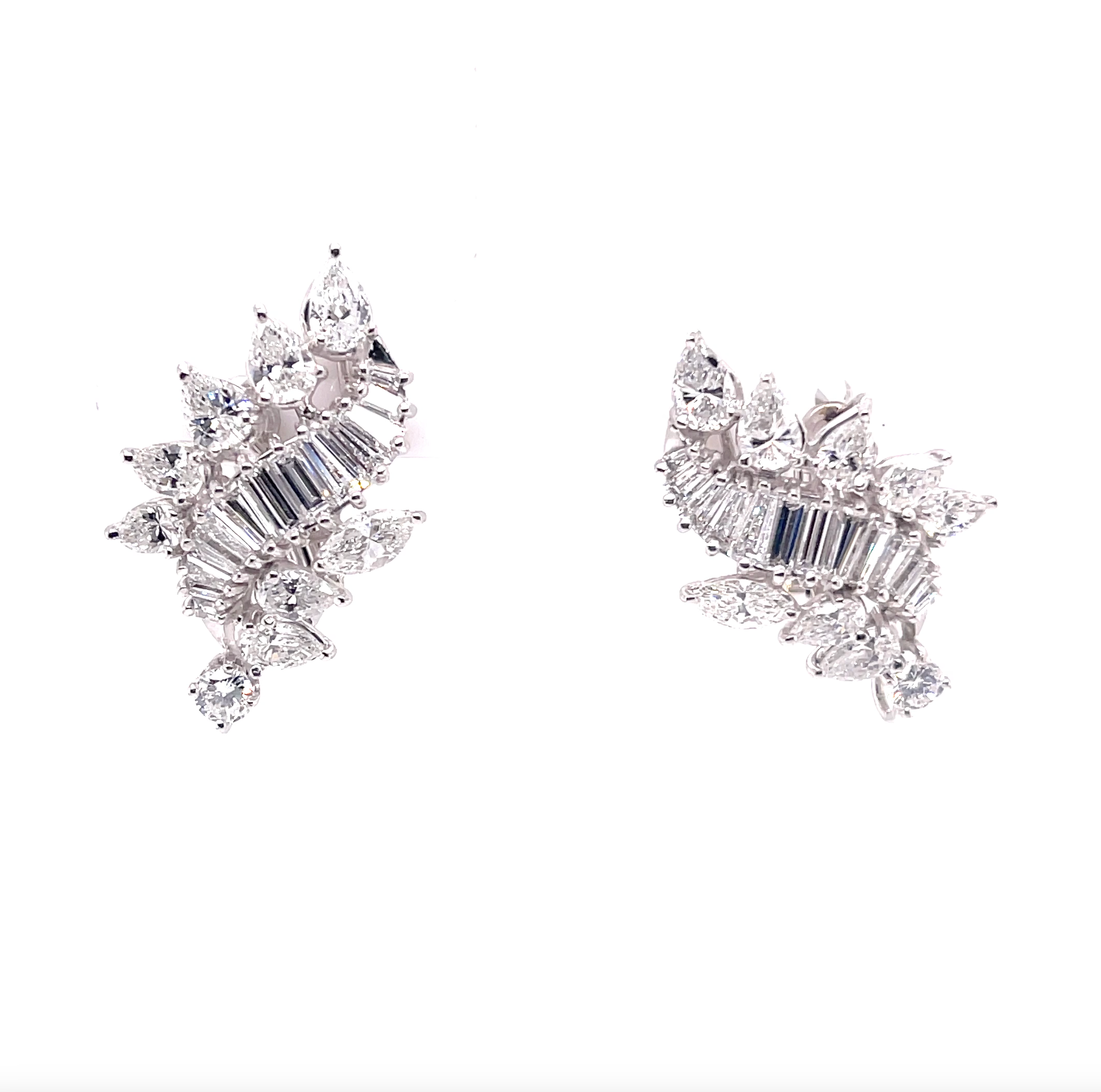 Platinum Round & Pear & Baguette Cut Diamond Cluster Fashion Earrings