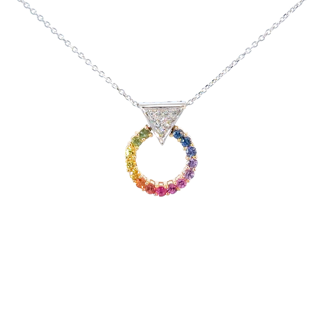 14KW Multicolor Natural Sapphire and Diamond Circle Pendant