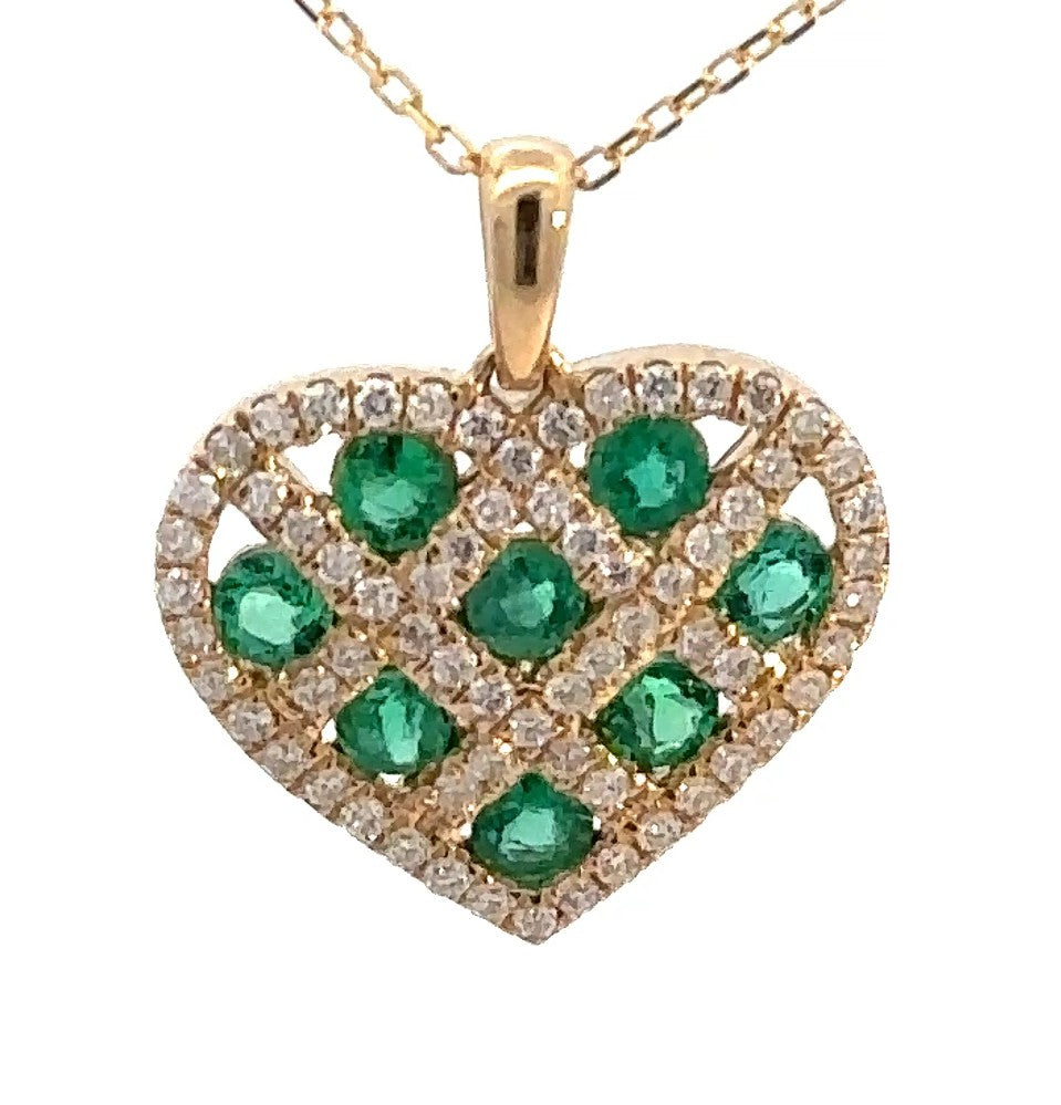14KY Green Emerald and Accent Diamond Heart Fashion Pendant