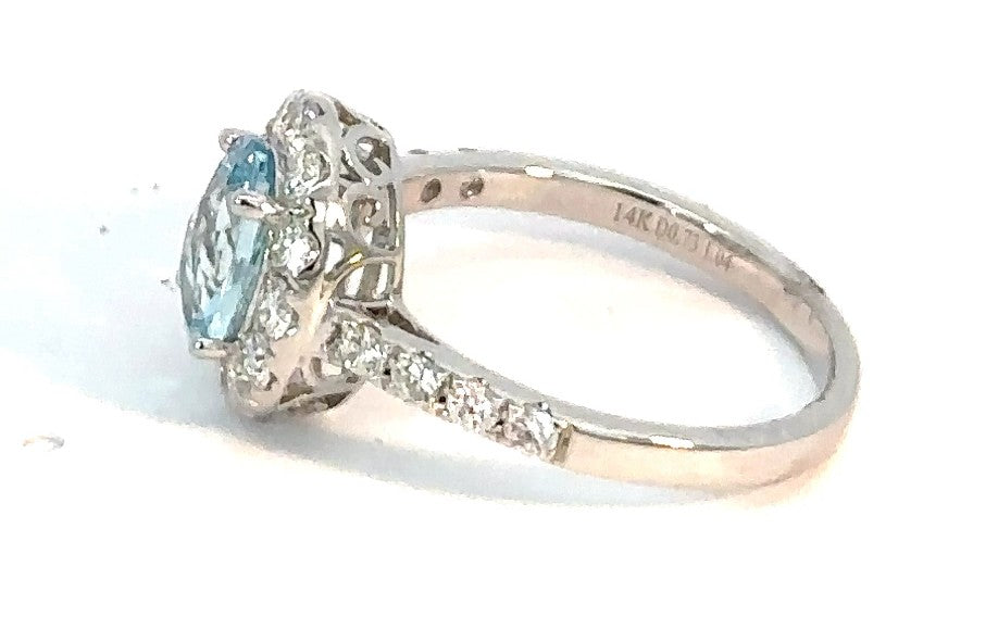 14KW Oval Aquamarine and Diamond Halo Fashion Ring