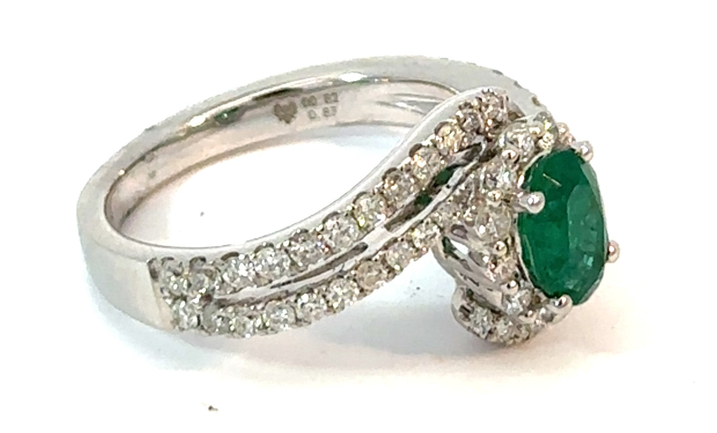18KW Emerald & Split Double Row Diamond Fashion Ring