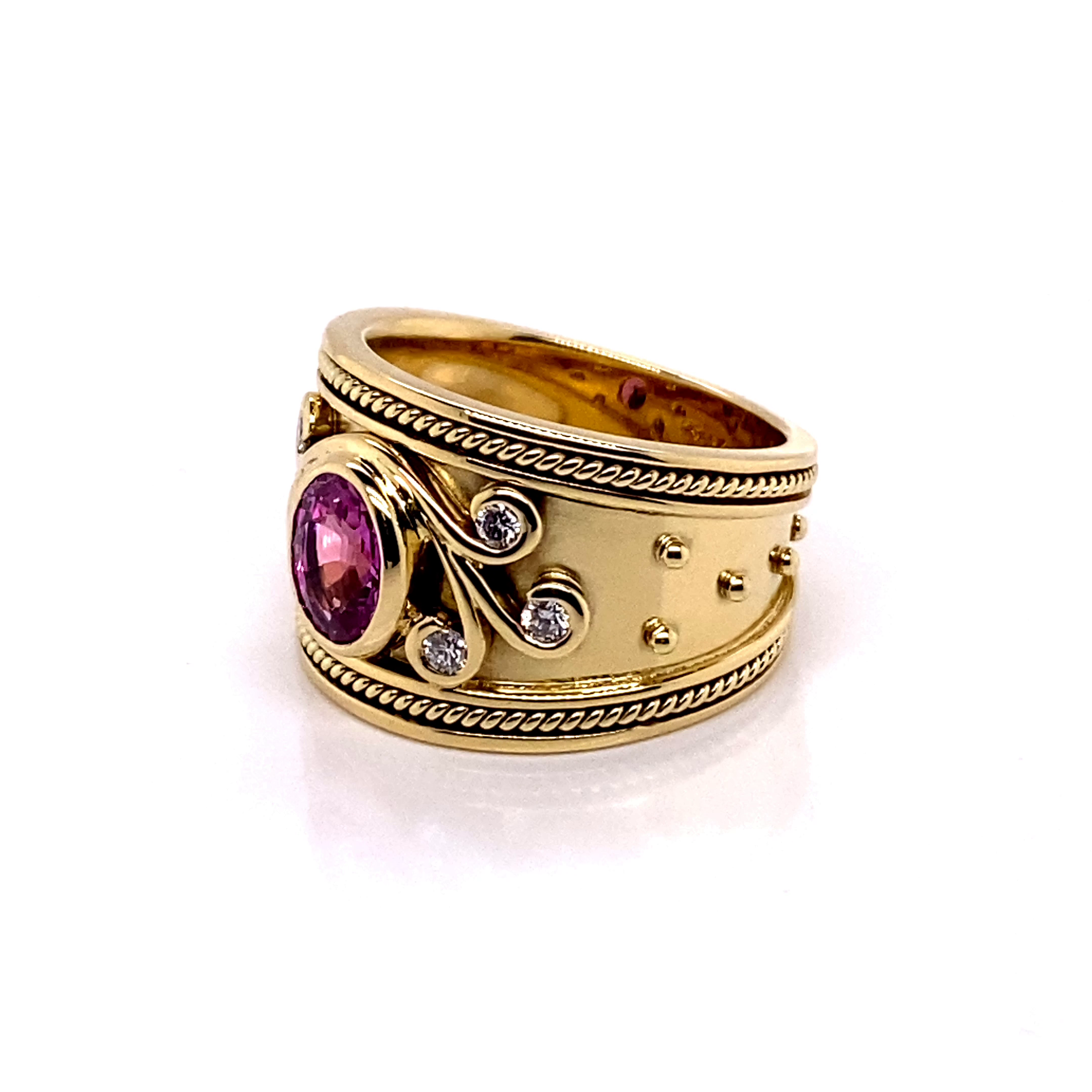 18KY Custom Estate Oval Cut Pink Sapphire And Diamond Fashion Ring