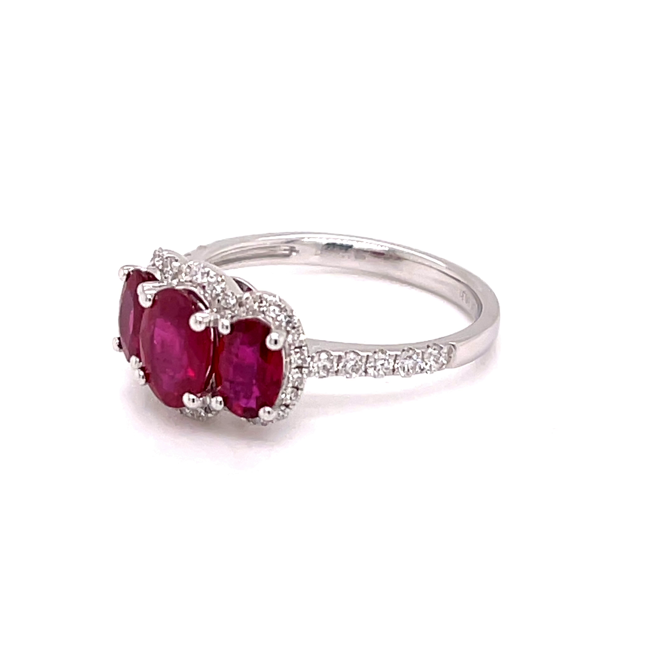 18KW Custom 3-Stone Ruby And Diamond Fashion Ring
