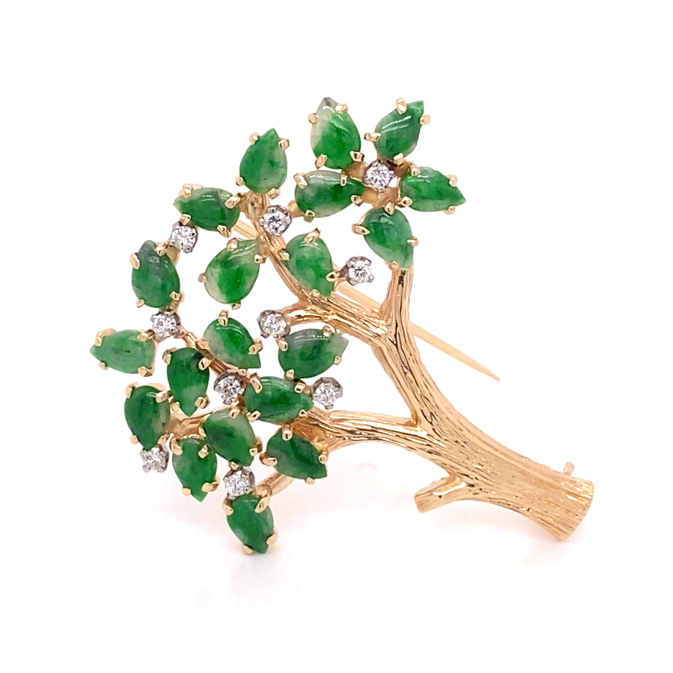 14KY Custom Estate Jade And Diamond Tree Fashion Pin