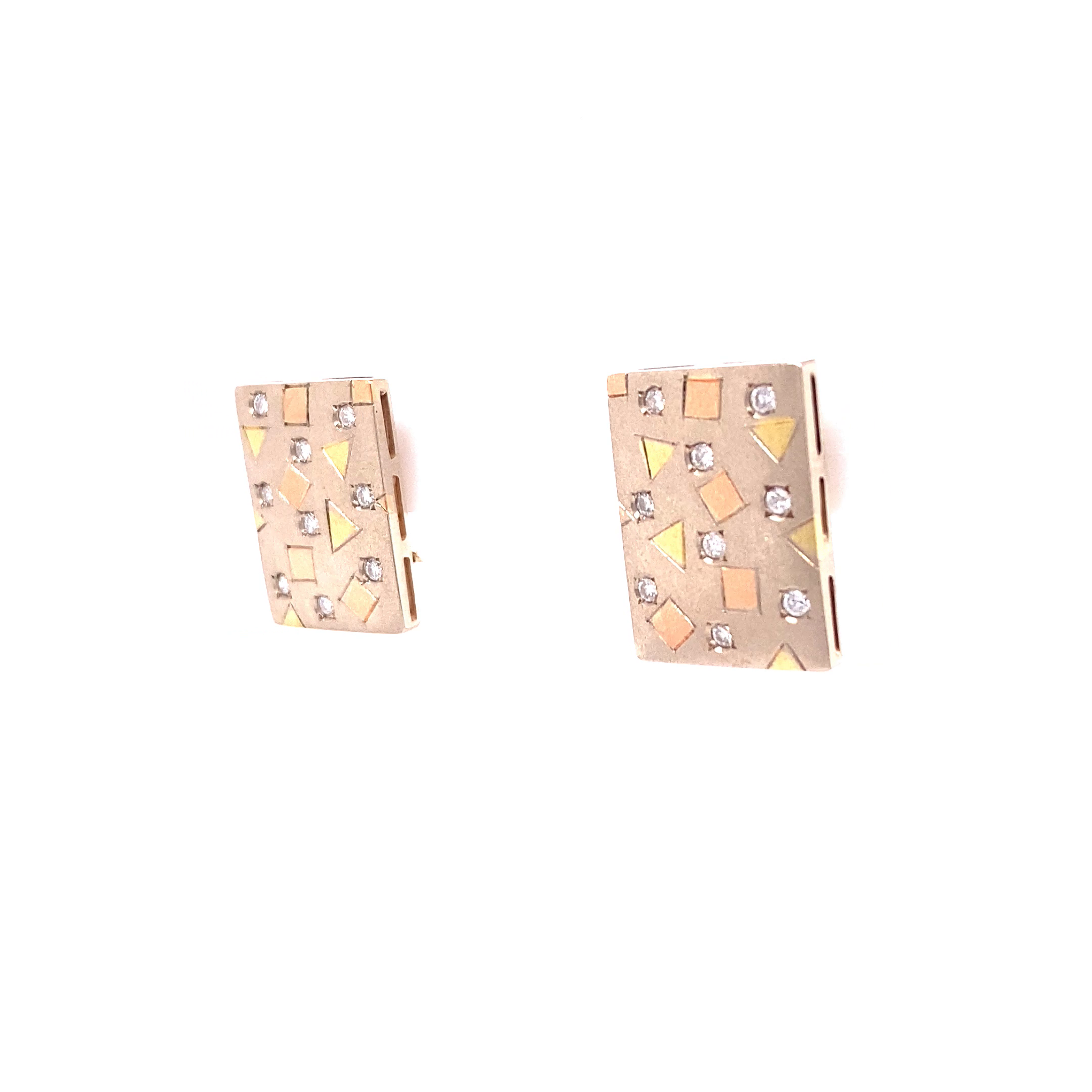 14K Tri-Tone Custom Diamond And Pattern Fashion Earrings