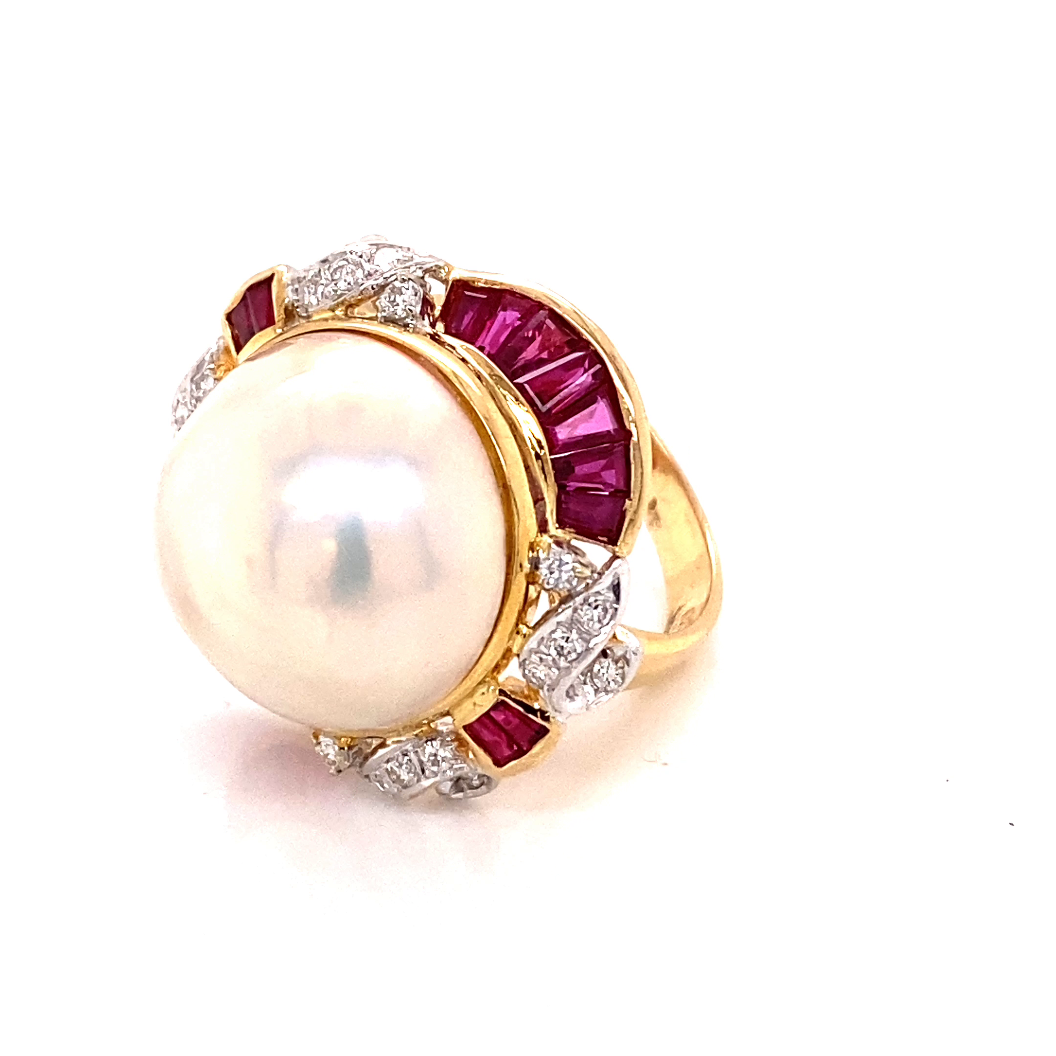 14K 双色珍珠红宝石和钻石时尚戒指
